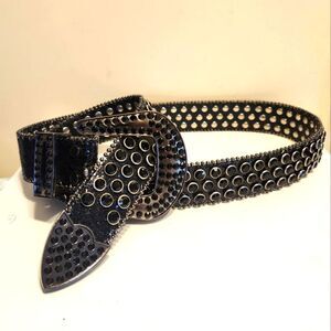 NWT Black Glazed Leather w/Black Crystal Stones Western Belt Sz.38 Large $150